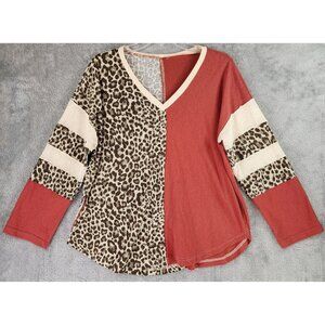 Jodifl Shirt Womens Small Leopard Print Color Block Casual Mom Long Sleeve Top